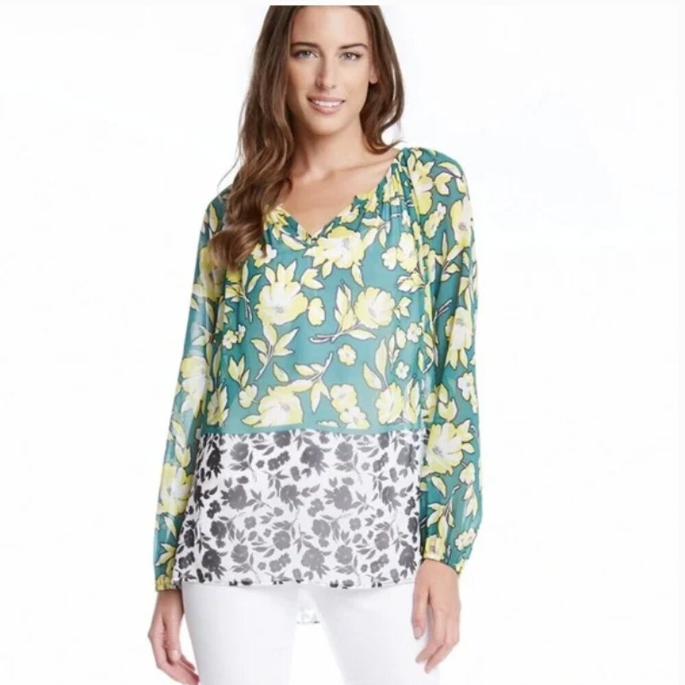 Karen Kane Multi Color Two Tone Floral V neck Blouse Large Office Career‎